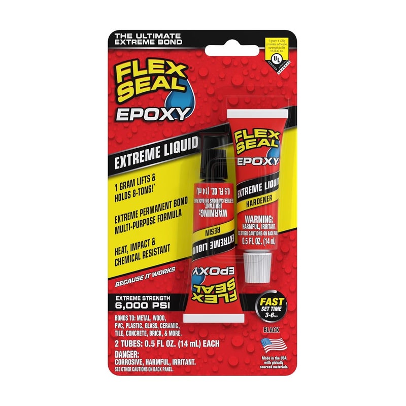 Flex Seal إيبوكسي، سائل شديد، متعدد الأغراض، متين، دائم، محكم ضد الماء، رابطة طويلة الأمد، للاستخدام في السيارات، البحرية، السباكة، المنزل، وإصلاح الأدوات، يجف باللون الأسود، 2 أنبوب: 0.5 أونصة سائلة (14 مل) لكل منهما - Image 1